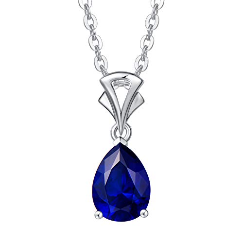 Fancime Created Sapphire Necklace 14K Solid White Gold Teardrop Pendant September Birthstone Birthday Gifts For Mom Women Girls, Sterling Silver Chain 16" + 2" Extender #TOP24