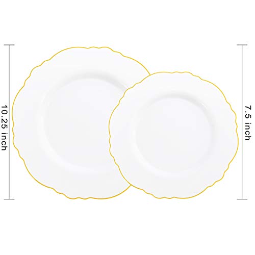 Wdf 100Pcs Gold Plastic Plates - Baroque White &Gold Disposable Plates For Upscale Parties &Wedding - Plastic Plates Including 50Plastic Dinner Plates 10.25Inch,50Salad Plates 7.5Inch #TOP1