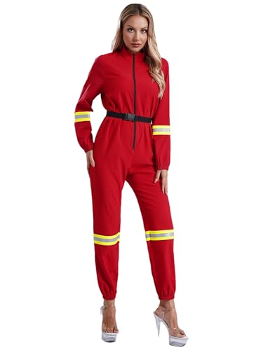 Aislor Déguisement Pompier Femme Déguisement de Pompier Carnaval Halloween Adulte Combinaison Costume Agent de Premier Secours Rouge M