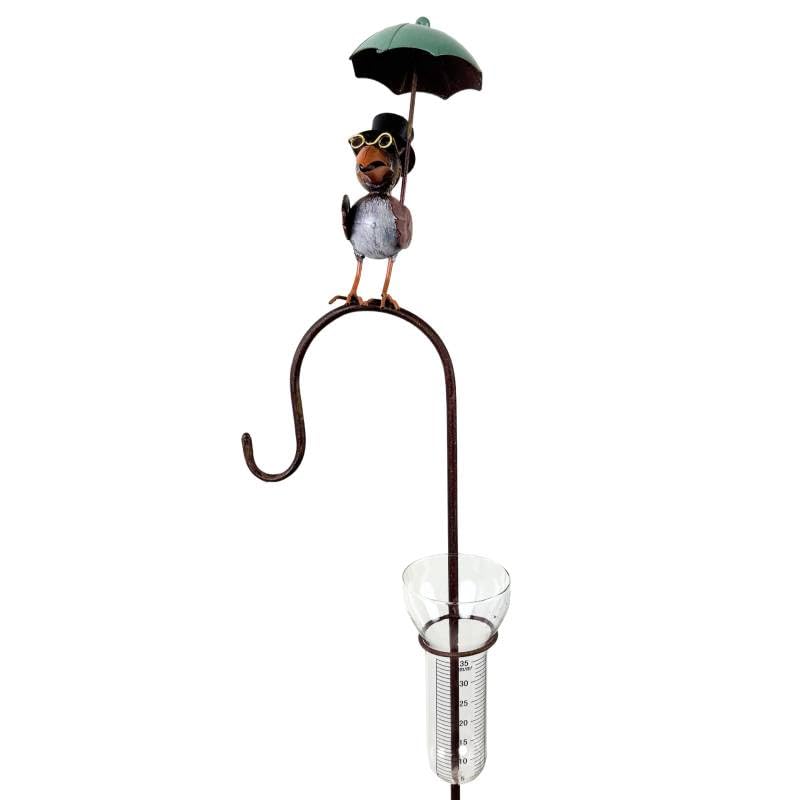 Pluviomètre à Piquer Tuteur à Plantes Déco de Jardin Corbeau Parapluie Vert en Acier et Verre 10x18x132cm