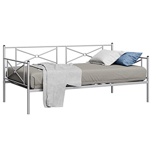 Komfott Metal Daybed Frame, Twin Bed Frame With Steel Slats Support, Sofa Mattress Foundation With Headboard, No Box Spring Needed, Multifunctional Platform Bed Frame Fits Twin Mattress (Silver) #TOP7