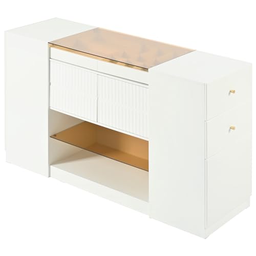 Image of Modern Luxury Island Vanity Dresser, Multi-Functional Vanity Table with 6 Drawers and Open Shelves, Glass Tabletop, Display Shelf, Jewelry Storage Tray for Walk-in-Wardrobe