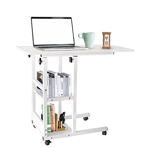 Home Office Desk Sofa Side Table 31x16'' Moveable Height Adjustable Modern Storage Couch Table Portable Mobile Computer Desk Small Study Desk with Wheels for Bedroom Living Room Easy Assembly White