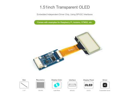 Image of 1.51inch Transparent OLED Display Module 128x64 Resolution Light Blue Color Display OLED for Raspberry Pi /Arduino /STM32,Full Viewing Angle,Embedded Independent Driver Chip,SPI /I2C Interfaces