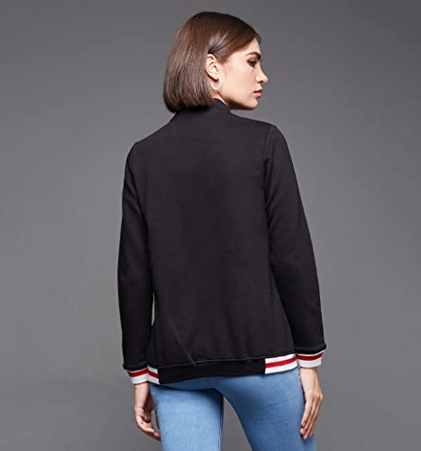 Image of Miss Chase Women's Black V-Neck Full Sleeve Solid Multicolored Bomber Jacket