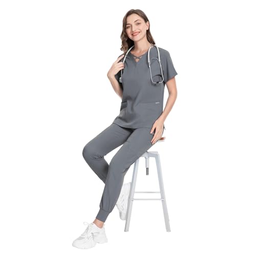 Image of VIAOLI Scrubs for Women Set Modern V-Neck Top & 8 Pocket Jogger Pants Nursing Uniform Solid Stretch Workwear