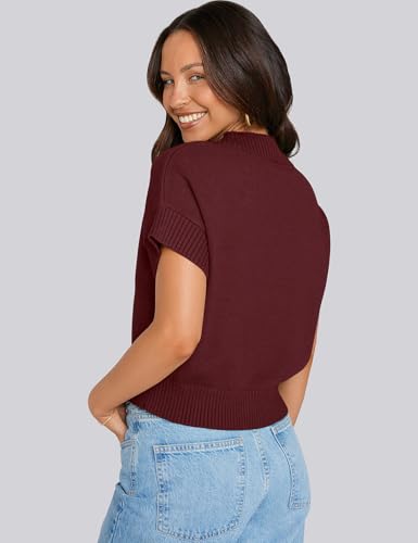 Image of TARSE Womens Cropped Sweater Vest Casual Mock Neck Loose Fit Knit Sweater Pullover Top Trendy Cute Heart Cap Sleeve Tops