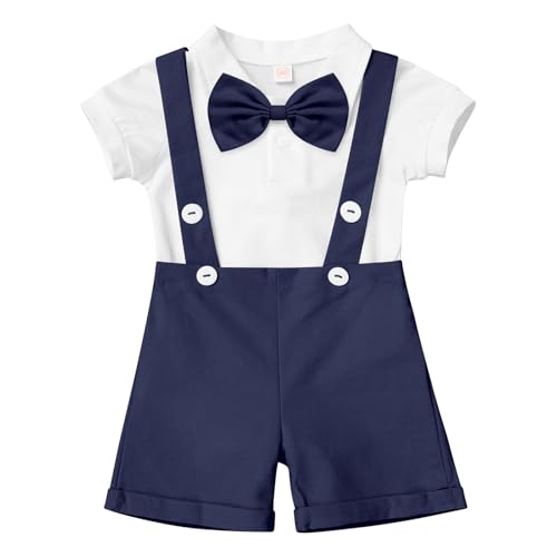 Image of IMEKIS Baby Boy Baptism Outfit Christening Clothes Set, Newborn Toddler Bowtie Romper with Overalls Shorts 1st Birthday