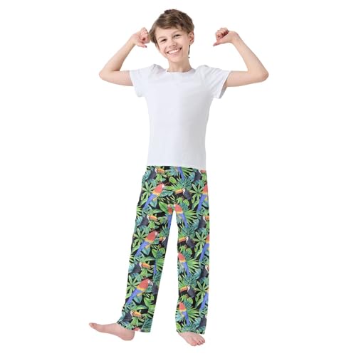Parrot Palm Leaf Boys Long Pants Soft Trousers Elastic Waist Kids Lounge Bottoms with Pockets S-XL2