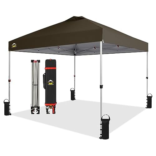 CROWN SHADES 10×10 Pop Up Canopy – Beach Tent with One Push Setup – Outdoor Sun Shade for Events, Parties, Camping – Gazebo with STO-N-Go Cover Bag, Silver Coated Top, 3 Height& 4 Sand Bags, Coffee
