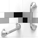 SAFETY+BEAUTY 16.5in Suction Bath Grab Bar with Indicators, Balance Assist Bathroom Shower Handle (Silver/Grey, Pack of 2)