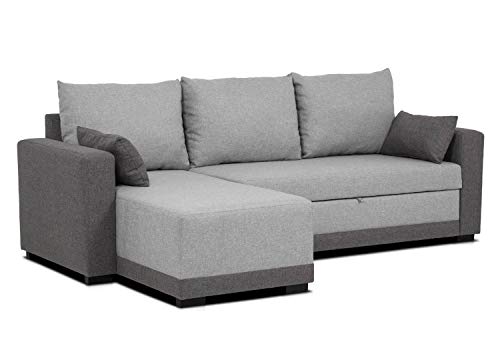 Confort24 Leah Sofá Cama 3 Plazas Chaise Longue Derecha o Izquierda Reversible Esquinero Dos Cojines Incluidos Tissu Salon Decoración de Hogar (Gris)