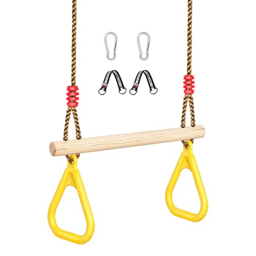 LadyRosian Wooden Trapeze Swing Bar, Adjustable Height Swing Set, Gym Rings, Playground Attachments, 16.5