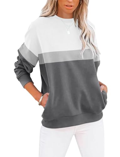 Cuptacc Sweatshirt Damen Pullover Elegant Farbblock Rundhals Langarmshirt Damen Locker Baumwolle Oberteile Pulli Weiß Grau Klein S 34-36