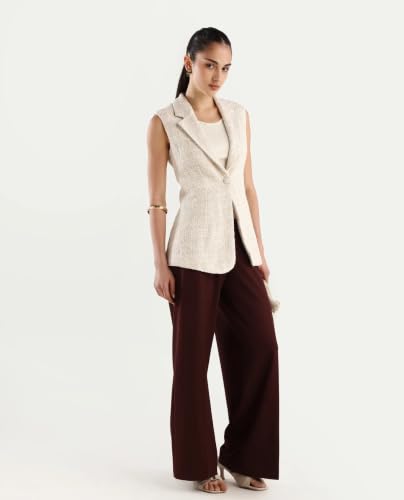 Image of Rareism Fitted Solid Beige Polyester Blend Sleeveless Lapel Coat