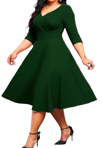 Image of Womens Plus Size Dresses Faux Wrap Summer Dress 3 /4 Sleeves V Neck 1950s Retro Vintage Wedding Party Midi Dress