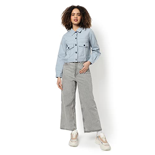 Image of Campus Sutra Women Blue Regular Fit Denim Jacket For Winter Wear | Collared Neck | Full Sleeve | Buttoned | Casual Jacket For Woman & Girl | Western Stylish Jacket For Women
