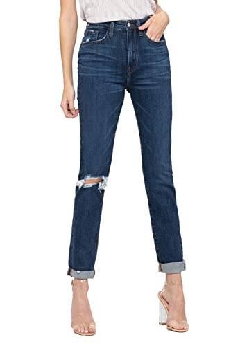 VERVET, Distressed Roll Up Stretch Mom Jean, Dark Blue2