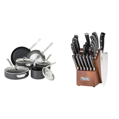 Viking 10 Piece Hard Anodized Nonstick Cookware Set with 17 Piece Cutlery Set with Light Walnut Color Block