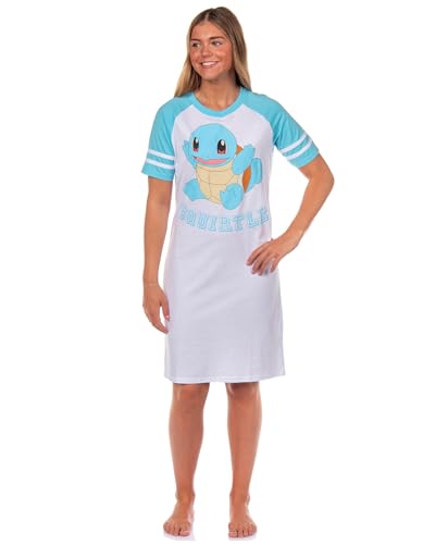 Bioworld Pokemon Pajama Womens Squirtle Varsity Raglan Sleep Shirt V-Neck Nightgown (White/Blue Large)