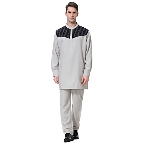 Men's Casual Middle Button Down Pocket Muslim Robe Trousers Two Piece Set Suit Vest And Pants Set Men Grey #TOP1