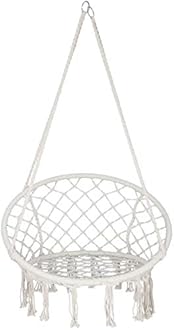 Hammock Chair Macrame Swing, Bohemian Style Round Hanging Chair, Handmade Knitted Cotton Rope Hammock Swing Chair for Indoor/Outdoor Home Bedroom Yard Garden Patio, Max 260Lbs, Beige