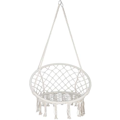 Hammock Chair Macrame Swing, Bohemian Style Round Hanging Chair, Handmade Knitted Cotton Rope Hammock Swing Chair for Indoor/Outdoor Home Bedroom Yard Garden Patio, Max 260Lbs, Beige