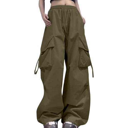 Women's Casual Cargo Pants High Waisted Loose Fit Wide Leg Comfortable Elastic Waist Summer Trousers with (Green, XL)