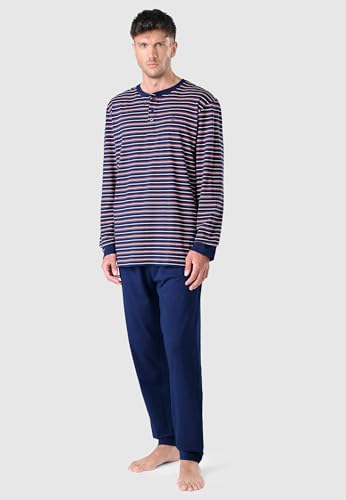 El Búho Nocturno Mens Pajama Set Long Sleeve Cotton Knit Striped Pajama Set for Men, 100% Cotton, Blue 5309, XL2