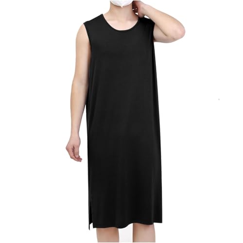 Men's Knee Length Nightshirt Crewneck Sleeveless Nightgown Lightweight Comfort Cotton Loose Fit Nightdress