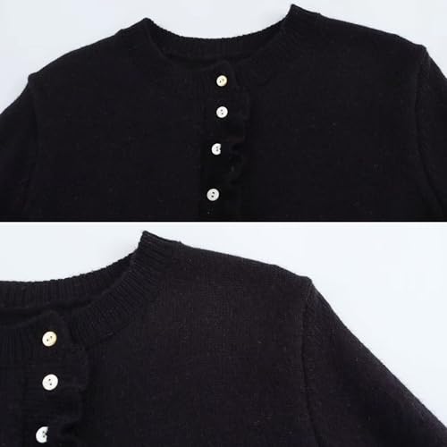 Image of FindThy Women's Cropped Cardigan Sweater Trendy Crewneck Ruffle Long Sleeve Button Down Knitwear Tops