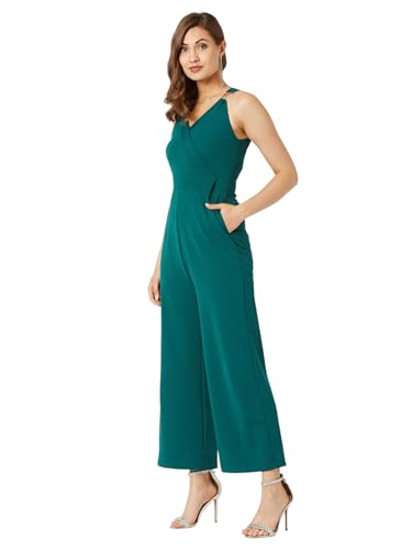 Image of Miss Chase Women's Halter Neck Sleeveless Solid Wide Leg Sequin Paneled Regular Length Jumpsuit