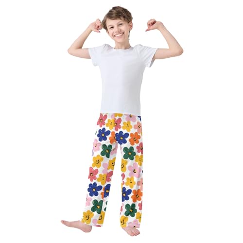 Simple Flowers Colorful Pattern Cute Pajama Pants, Soft Sleepwear Lounge Pants Pajama Pj Bottoms for 6-14 Years3