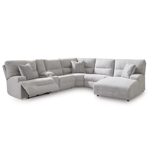 Signature Design by Ashley Acklen Place Modern U-Shaped Modular Stain-Resistant 6-Piece Power Reclining Sectional with Chaise, Adjustable Headrest, USB Charging Ports and Console, Light Gray
