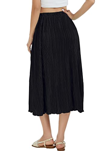 Ranphee Black Summer Midi Skirts For Women 2023 Dressy Casual Trendy Ladies Elastic Waist Maternity Below Knee Mid Calf Tea Length Church Skirt With Pockets S #TOP1