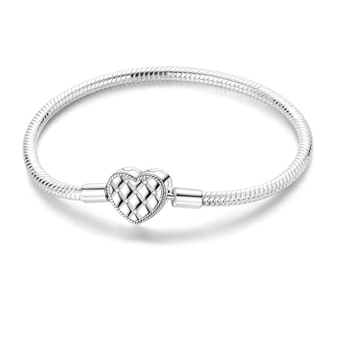 Image of 925 Sterling Silver Snake Chain Bracelets Fit Pandora Charms,Heart Clasp Bracelets Perfect For Any Glamour Gift for Women with 5 A Cubic Zirconia