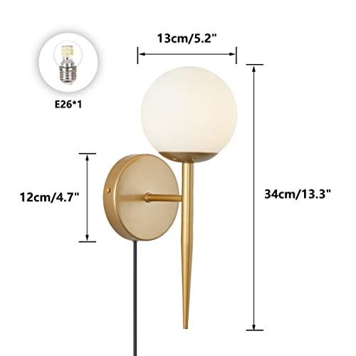 Image of BOKT Mid Century Modern Globe Wall Sconce Set of Two Plug in Cord Brushed Gold Bathroom Wall Sconce Light Set of 2 Plug in Frosted White Glass Bedroom Plug in Wall Lamp (White)