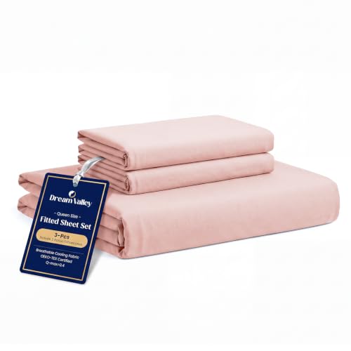 Dream Valley® King Size Sheets Set, Cooling Fitted Sheet with 2 Pillowcase-3 PCS with No Flat Sheet,Q-Max > 0.4 Aerocool, Cooling for Night Sweats, Hot Sleepers,deep Pocket up to 15",Pink Blush by Dream Valley - Used condition - US$76.45