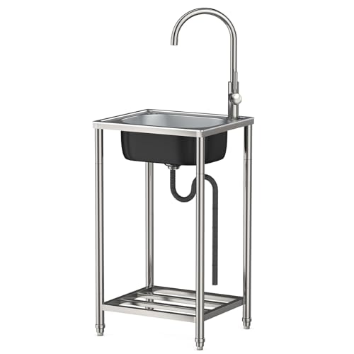 Stainless Steel Sink Freestanding Commercial Square, Stainless Steel Single Bowl Station Utility Sink with Tap for Outdoor Garden Kitchen Bar Restaurant