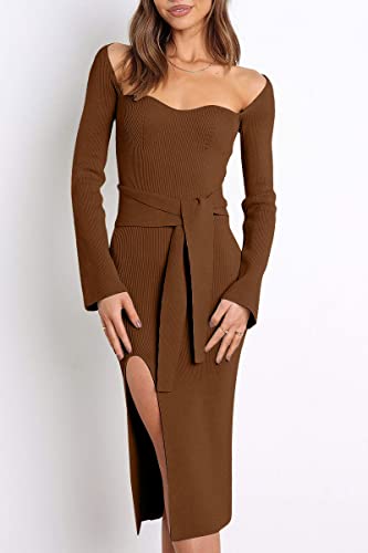 LILLUSORY Women's Sweetheart Neckline Midi Dress Long Sleeve Ribbed Knit Sweater Outfits with Slit and Belt 2024 Spring3