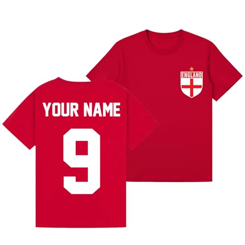 Image of Personalised Name England 2026 Soccer Sports Football Girls Graphic Customised Number T-Shirt Novelty Retro Fan Tee USA Mexico Canada Host Nations Supporters Top Red 12-13Y