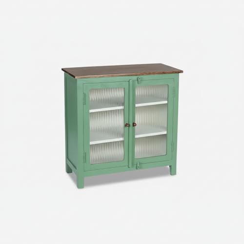 Image of APRODZ 2 Door Cabinet with Wicker Front 2 Shelves | Mango Wood Storage Organizer | Rustic Durable Stylish Wooden Furniture | Compact Design Home Decor (Premium Olive Green & Off White)