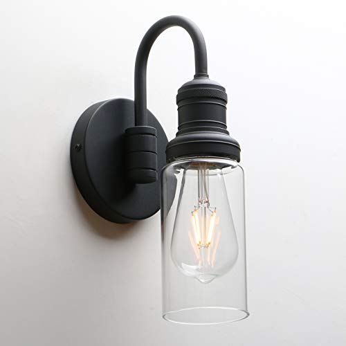 Image of PERMO Industrial Vintage Sconce Black Sconce with 3.1 inch Cylindrical Clear Glass Shade Wall Mount Light Fixture for Living Room Bathroom Entertry