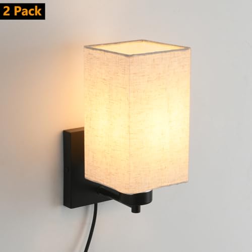 Image of KOONTING Plug in Wall Sconce Set of 2, Rustic Wall Lamp with Plug-in Cord and On /Off Toggle Switch, Linen Fabric Shade Wall Light Fixture for Headboard Bedroom Living Room Hallway (Square-Linen)