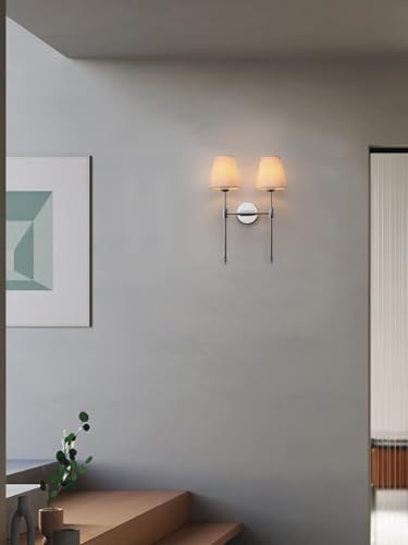 Image of PERMO Classic Double Sconce Chrome 2 Lights Wall Sconce Rustic Wall Mount Lighting Fixture with Flared White Textile Lamp Shade