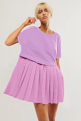 Image of SAUKOLE Womens Summer Crew Neck Short Sleeve Dress Patchwork Pleated A Line Beach Mini Dress