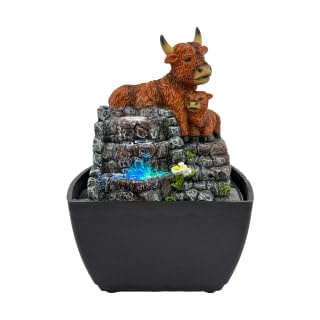 Mini Highland Cow Indoor Tabletop Water Fountain with LED Light, USB Resin Farm Animal Water Feature for Home, Office, Bedroom, Desk & Animal Lover Gift, 22cm
