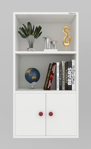Image of Madhuran Rico Engineered Wood Free Standing Almirah 2 Door Bookcase Organizer (21x11x40 Inches White) Home Bedroom Living Room Office Cabinets Wardrobe Kitchen Clothes Storage