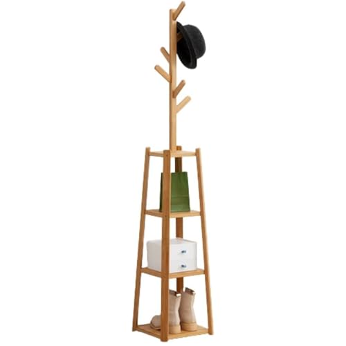 Image of Lukzer Wooden Bamboo Clothes Rack with 6 Hooks & 3-Tier Shelf | Freestanding Coat & Hat Stand | Multipurpose Garment Organizer for Entryway, Bedroom, Living Room, Hallway & Office (171x30cm)