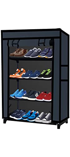 Image of Multi Utility 4 Layer Shelf Collapsible Metal Pipes with Non-Woven 100GSM Fabric Cover for Shoe /Cloth /Toy /Books Rack (Black, Metal)